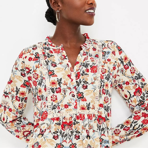 LOFT Tops - LOFT Forest Lace Trim Mixed Media Blouse